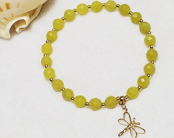 14K Gold-filled Dragonfly Charm with Faceted Jade Semi Precious Gemstone Mood Bracelet - Natural Genuine • Lucky Stone SGJ146927-OJ