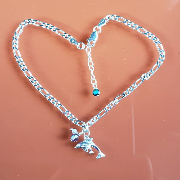 9" + 1" Anklet with a 3 piece Charm Dangling Dolphin, Swarovski & Moonstone • Sterling Silver • Semi Precious Material • Wardrobe Sandals