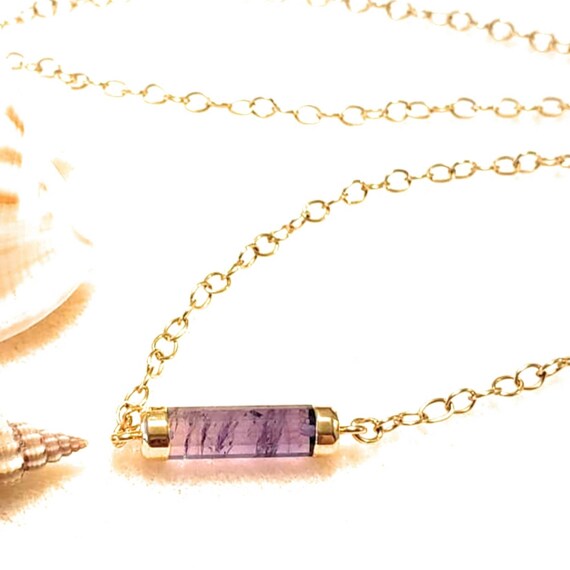 Natural Amethyst Semi Precious Gemstone Tube Bar on a 14k Gold-filled 2mm Adjustable Cable Necklace • Birthstone • Gift Idea • Rectangle