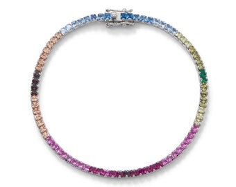 Rainbow Cubic Zirconia Tennis Bracelet - 925 Sterling Silver • Semi Precious • Dainty • Multi Colour • Wardrobe Accessory • Wrap • SGM123579