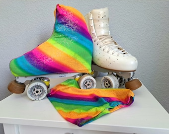 Regenbogen Schoner für Rollschuhe, Überzieher bunt, Skatecover handgefertigt aus hochwertigen Spandex, elastisch, für Roll- & Eiskunstlauf