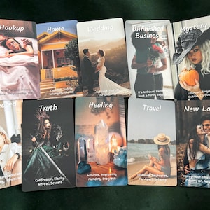 May include: A set of ten rectangular oracle cards featuring photographic imagery and text. Each card displays a unique theme including Hookup, Home, Wedding, Unfinished Business, Mystery, Unexpected, Truth, Healing, Travel, and New Love.
