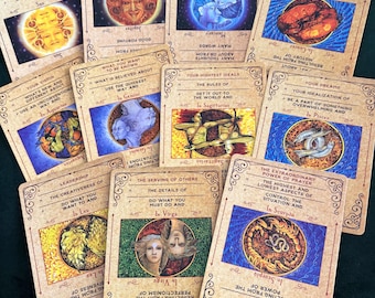 May include: A collection of tarot cards with ornate borders and various illustrations. Each card features a unique image, astrological symbols, and text. The cards are arranged on a dark green surface, creating a mystical and intriguing display.