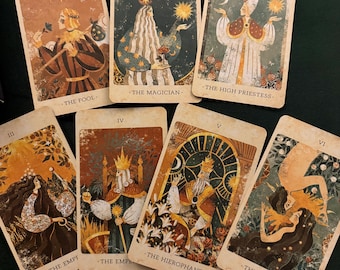 May include: A selection of tarot cards with vintage illustrations. The cards depict figures and symbols, including "The Fool," "The Magician," and "The Lovers." The colour scheme features warm tones of brown, orange, and gold, with a hint of blue.