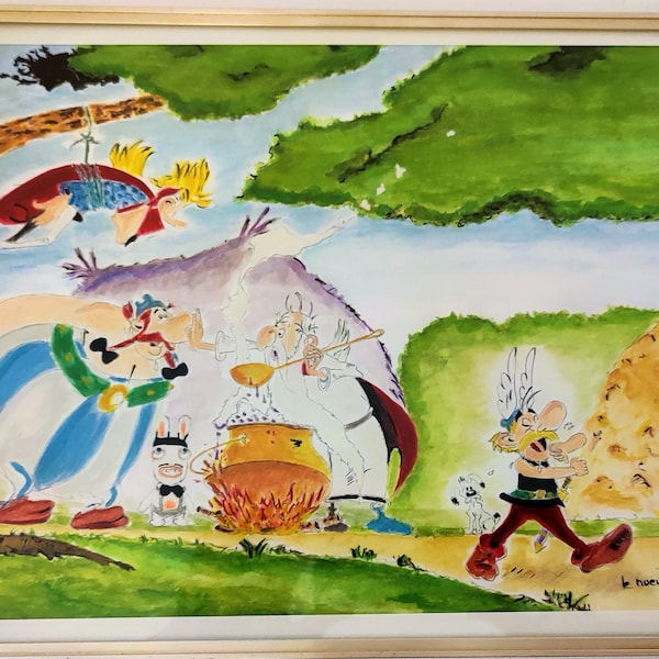 Magnifique aquarelle "Astérix et le lapin crétin". Oeuvre détournée.  Handmade. Dessin, peinture et encre de chine. Aquarelle seule.