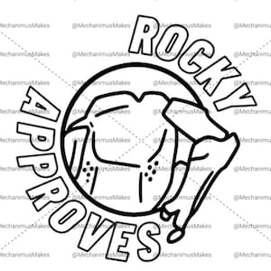 May include: Black and white graphic of a stylized figure with the text "ROCKY APPROVED" in a circular design. The design features a muscular arm flexing, with the text arranged around it.