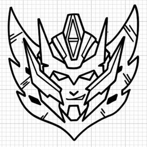 Puede incluir: Dibujo lineal en blanco y negro de una cara de robot estilizada o un emblema. El diseño presenta ángulos agudos, formas geométricas y una disposición simétrica, lo que sugiere un tema futurista o mecánico. El emblema tiene forma de escudo.