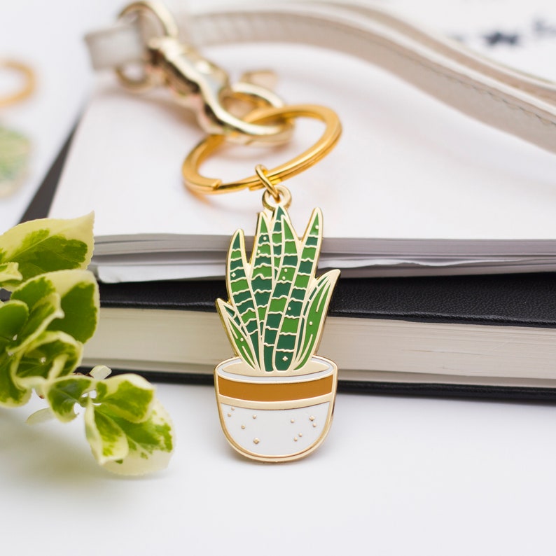 Snake Plant Enamel Keychain Houseplant Keychain Gift for plant parent Plant keychain Houses warming gift image 1