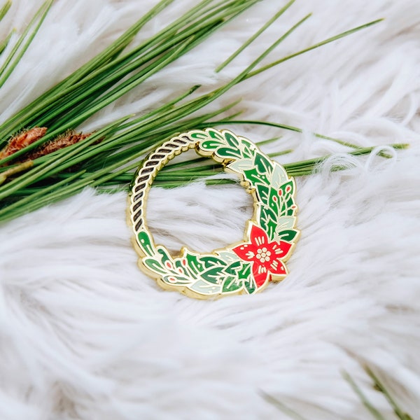 Poinsettia Wreath Enamel Pin: Holiday Christmas Flair