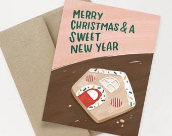 Joyeux Noël et une douce carte de vœux du Nouvel An | Carte de vœux des Fêtes | Carte de pain d’épices | Cartes de vœux illustrées