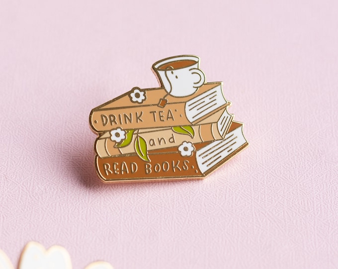 Tea and Books Enamel Pin: Gold Plated Bookworm Gift