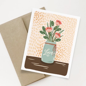 Liefde metselaarkruik Wenskaart | Kaarten voor elke dag met handgeïllustreerde bloemen | Wenskaart Mason Jar | Ik hou van je kaart | Liefdeskaarten
