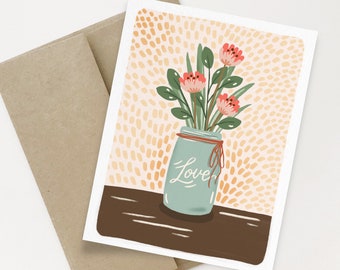 Pot d’amour maçon Carte de vœux | Cartes de tous les jours avec fleurs illustrées à la main | Carte de vœux Mason Jar | Carte I Love You | Cartes d’amour