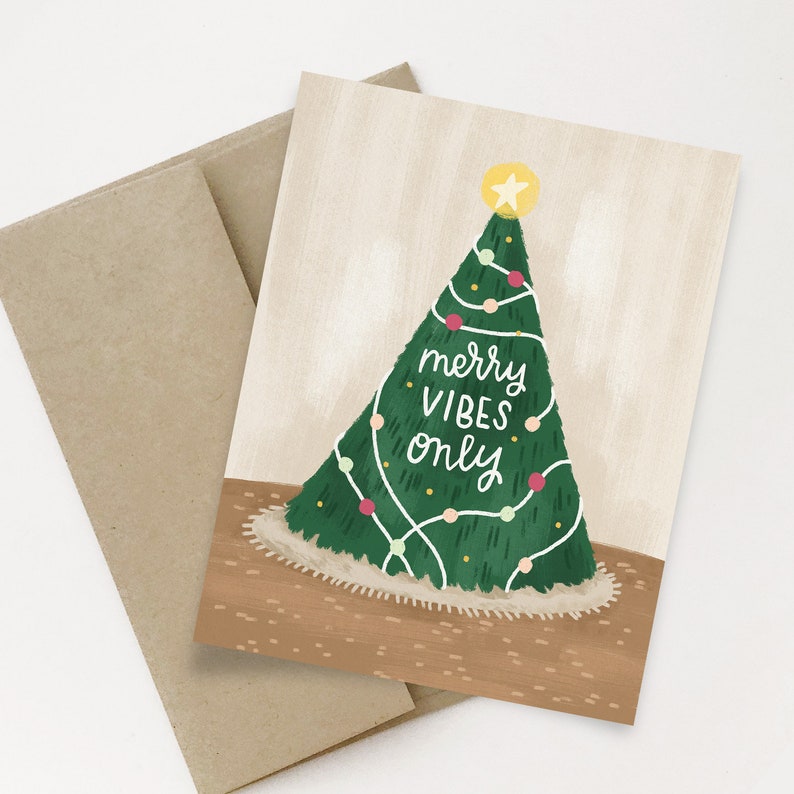 Merry Vibes Only Greeting Card Holiday Greeting Card Christmas Tree Greeting Card Cozy night holiday card Decking the halls card image 1