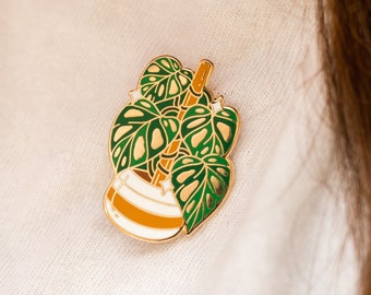 Swiss Cheese Plant Enamel Pin: Gold Potted Monstera Adansonii