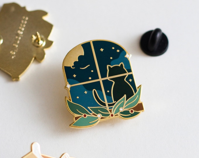 Cat Window Enamel Pin: Moonlit Night Kawaii Lapel Pin