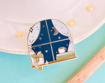 Cozy Nights Enamel Pin: Window, Book, and Coffee