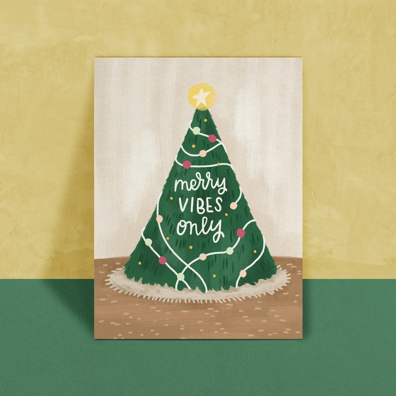 Merry Vibes Only Greeting Card Holiday Greeting Card Christmas Tree Greeting Card Cozy night holiday card Decking the halls card image 3