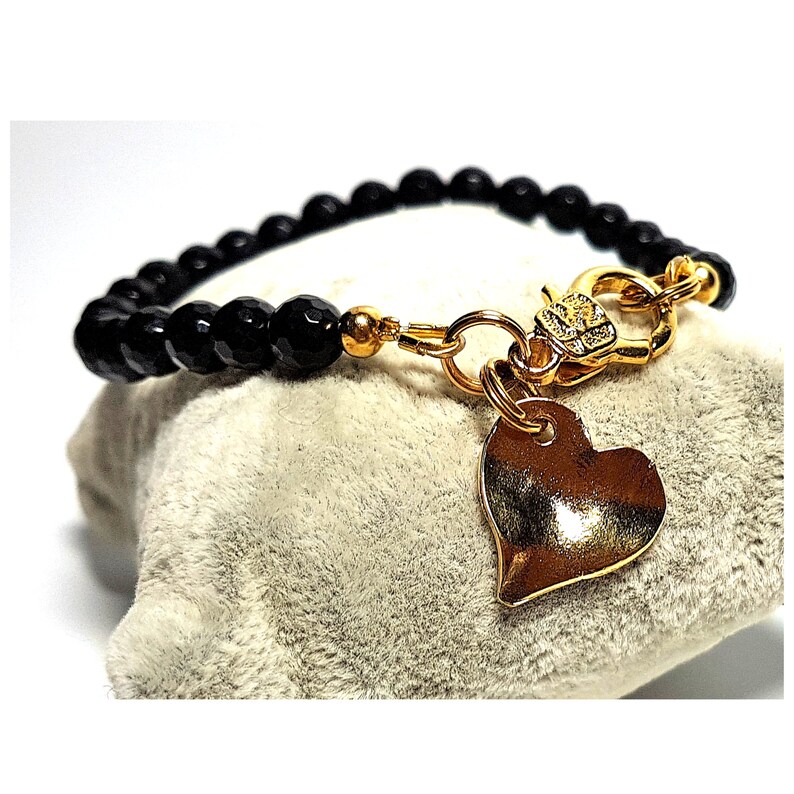 Beaded Bracelet personalized friendship bracelet gifts for women Black ONYX gemstone /& gold heart charm bracelet