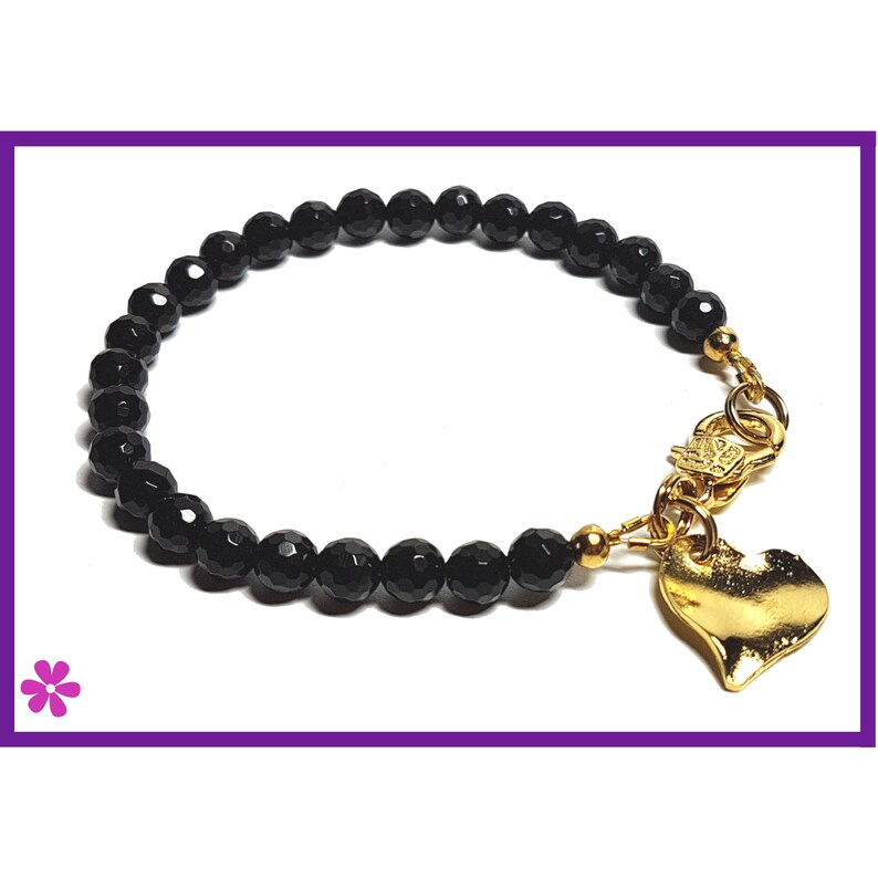 Beaded Bracelet personalized friendship bracelet gifts for women Black ONYX gemstone /& gold heart charm bracelet