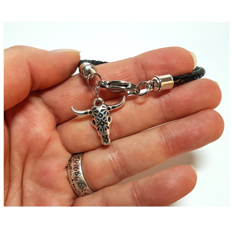 statement jewelry Leather bracelet men women personalized Silver Buffalo skull charm bracelet braided leather band stainless steel