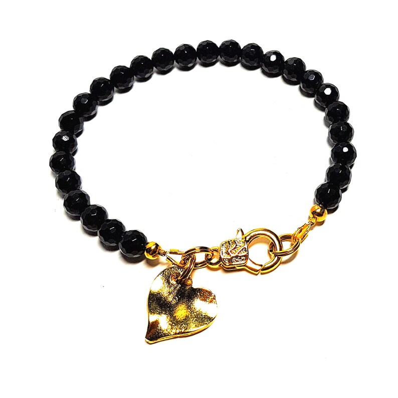 Beaded Bracelet personalized friendship bracelet gifts for women Black ONYX gemstone /& gold heart charm bracelet