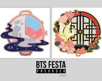 May include: Two enamel pins featuring a gold-colored watch with a blue and pink sky design and a crane with cherry blossoms. The watch pin has the Korean word "Time" written on it. The pins are part of a BTS Festa preorder.