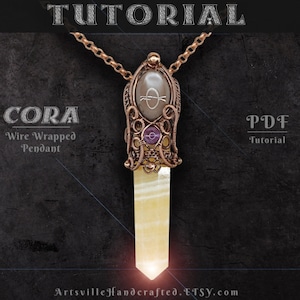May include: A PDF tutorial for making a wire-wrapped pendant called "Cora". The pendant features a light brown stone with a copper wire design and a purple gemstone accent. The tutorial is available on Etsy.