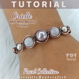 May include: A copper wire wrap bracelet with pearls and the text "Orelle Wire Wrap Bracelet Tutorial". The bracelet features a central large pearl, surrounded by smaller pearls and wire detailing. The text "Pearl Collection" is also visible.