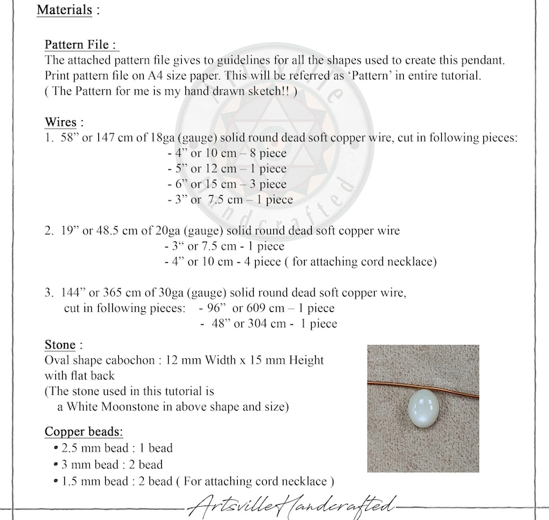 May include: Instructions for making a pendant with a white moonstone cabochon, copper wire, and copper beads. The instructions include measurements in inches and centimeters. The image shows a close-up of the moonstone cabochon.