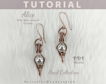 May include: Copper wire wrap earrings with a gray pearl bead. The earrings are part of the Pearl Collection and are a wire wrap jewelry tutorial. The word "Tutorial" is at the top of the image.