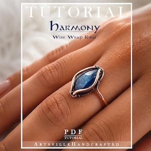 May include: A wire wrap ring featuring a teardrop-shaped blue stone set in copper wire. The image includes the text TUTORIAL HARMONY WIRE WRAP RING, PDF TUTORIAL, and ARTSVILLEHANDCRAFTED, indicating a guide for creating this jewelry piece.