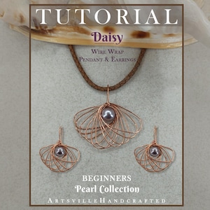 May include: A copper wire wrap pendant and earring set with a pearl center. The pendant and earrings are daisy-shaped, with the text "TUTORIAL Daisy Wire Wrap Pendant & Earrings BEGINNERS Pearl Collection ArtsvilleHandcrafted". The necklace has a brown leather cord.