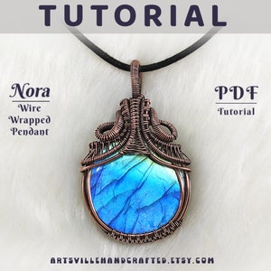 May include: A wire-wrapped pendant with a blue and green stone, suspended from a black cord. The pendant is copper-colored and features intricate wirework. Text on the image reads "Nora Wire Wrapped Pendant" and "PDF Tutorial". The Etsy shop name is also visible.