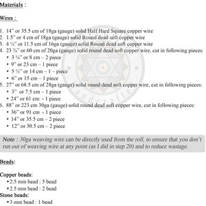 May include: A list of materials needed for a craft project, including copper wire in various gauges and lengths, and copper and stone beads. The list includes measurements in both inches and centimeters.