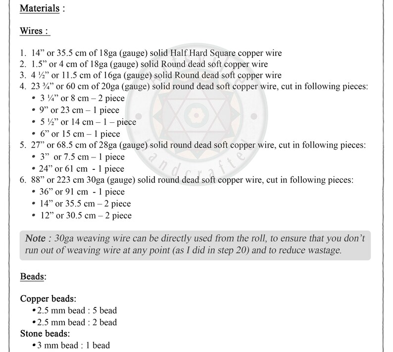 May include: A list of materials needed for a craft project, including copper wire in various gauges and lengths, and copper and stone beads. The list includes measurements in both inches and centimeters.