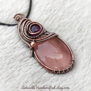 Rose Quartz & Amethyst Pendant Necklace, Anxiety Relief, Crystal Necklace, Elven Jewelry, Wirewrapped Pendant, Wirewrapped Jewelry, Elvish