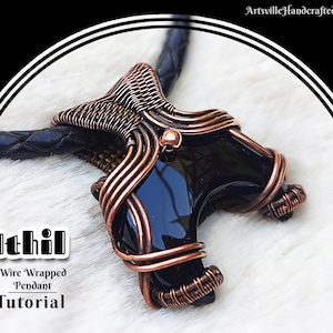 May include: A copper wire wrapped pendant with a black gemstone. The pendant is hanging from a black leather cord. The image includes the text "Ithil Wire Wrapped Pendant Tutorial".
