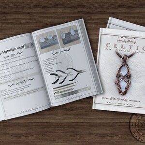 May include: A guide for making a Celtic wire-wrapped pendant. The guide includes tools and materials needed, as well as instructions for creating the pendant. The pendant is made with copper wire and a clear stone.