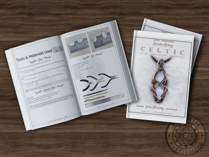 May include: A guide for making a Celtic wire-wrapped pendant. The guide includes tools and materials needed, as well as instructions for creating the pendant. The pendant is made with copper wire and a clear stone.