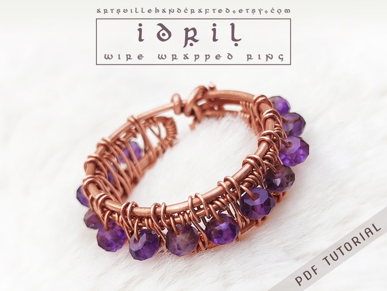 May include: A copper wire wrapped ring with amethyst gemstones. The ring is made using a wire wrapping technique and features a cluster of purple amethyst stones. The ring is a handmade piece of jewellery.