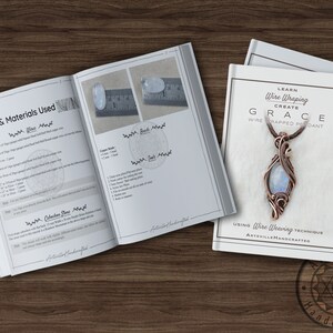 May include: A booklet with instructions on how to create a wire-wrapped pendant using copper wire and a moonstone. The booklet is titled "Learn Wire Wrapping Create Grace Wire Wrapped Pendant" and features a close-up image of the finished pendant.