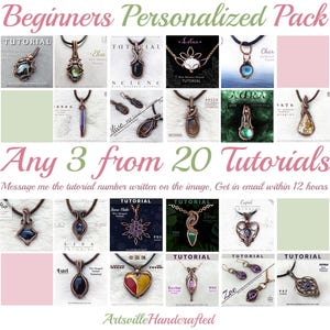 Puede incluir: Imagen promocional para tutoriales de joyería con alambre. La imagen presenta una cuadrícula de 20 diseños de colgantes, cada uno con una gema o cristal único. El texto incluye "Beginners Personalized Pack" y "Any 3 from 20 Tutorials".
