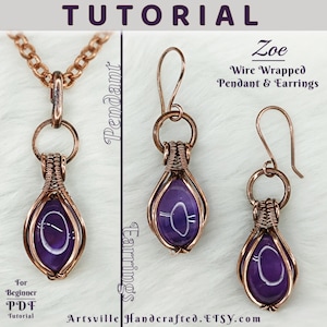 May include: A tutorial for making a wire wrapped pendant and earrings. The pendant and earrings are made with copper wire and a purple stone. The tutorial is for beginners and is available as a PDF download. The text on the image reads "Zoe Wire Wrapped Pendant & Earrings" and "Artsville Handcrafted. ETSY.com".
