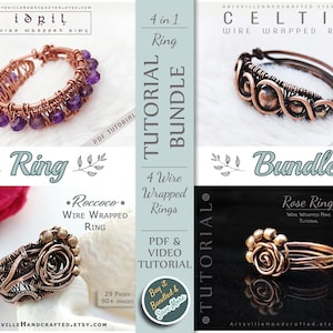 May include: A digital download bundle of four wire wrapped ring tutorials. The bundle includes a Celtic wire wrapped ring, a Roccoco wire wrapped ring, a rose ring, and an idril wire wrapped ring. The tutorials are available in PDF and video format.