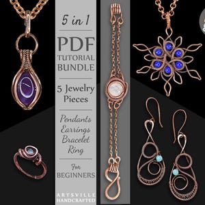May include: Five wire wrapped jewelry making tutorials for beginners. The tutorials include a pendant with an amethyst stone, a snowflake pendant, a bracelet, a ring, and earrings with turquoise stones. The tutorials are available as a PDF bundle.