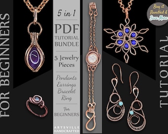 5-in-1 ワイヤーラップチュートリアルバンドル - 初心者向けジュエリー製作 PDF、ワイヤーラッピングを学んで手作りの宝石ジュエリーを作る、DIY PDF ガイドセット