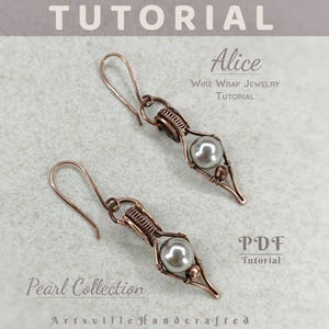 May include: Pair of copper-toned wire-wrapped earrings, each featuring a grey pearl bead. The earrings are part of the Pearl Collection, as shown in a wire wrap jewellery tutorial. The text "Alice" and "PDF Tutorial" are also visible.
