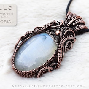 May include: A copper wire wrapped pendant featuring a white moonstone cabochon. The pendant is attached to a black cord. The image includes the text "Ella Wire Wrapped Pendant Tutorial".