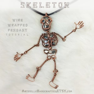 May include: A wire wrapped skeleton pendant with a black cord necklace. The pendant is made of copper wire and has a black gemstone in the skull. The pendant is a DIY project and the image includes the text "WIRE WRAPPED PENDANT TUTORIAL".